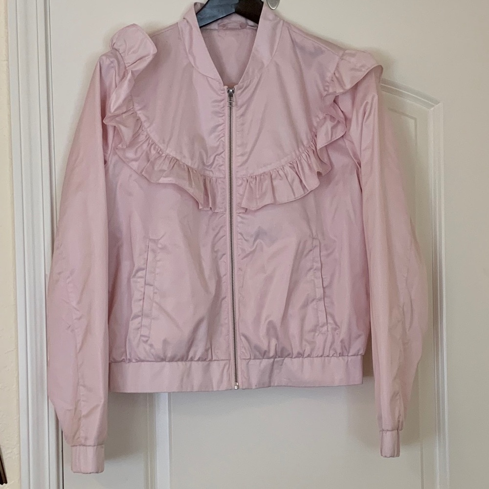 Melrose and Market pink ruffle bomber jacket